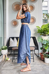 BLUE DENIM MIRROR EMBROIDERED PANTS