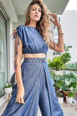 BLUE DENIM MIRROR EMBROIDERED PANTS