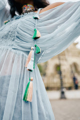 ICE BLUE OFF-SHOULDER SMOCKED TOP