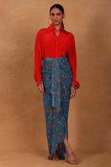 Red and Teal Mr Beaks Drape Skirt  Set- Masaba