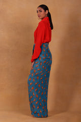 Red and Teal Mr Beaks Drape Skirt  Set- Masaba
