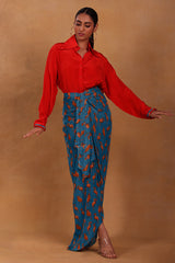 Red and Teal Mr Beaks Drape Skirt  Set- Masaba