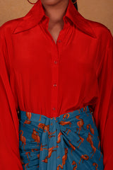 Red and Teal Mr Beaks Drape Skirt  Set- Masaba