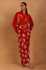 Maroon Marshmallow Drape Skirt Set - Masaba