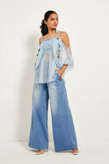 ICE BLUE OFF-SHOULDER SMOCKED TOP