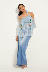ICE BLUE OFF-SHOULDER SMOCKED TOP