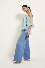 ICE BLUE OFF-SHOULDER SMOCKED TOP