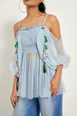 ICE BLUE OFF-SHOULDER SMOCKED TOP
