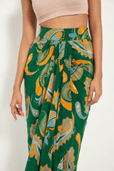 GREEN PAISLEY DRAPED SKIRT