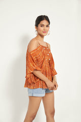 BURNT ORANGE OFF-SHOULDER SMOCKED TOP