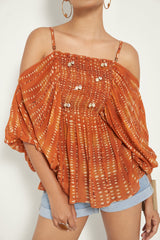 BURNT ORANGE OFF-SHOULDER SMOCKED TOP