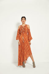 BURNT ORANGE COLD SHOULDER DRESS
