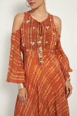 BURNT ORANGE COLD SHOULDER DRESS