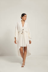 IVORY WRAP COLLARED MIDI DRESS