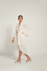 IVORY WRAP COLLARED MIDI DRESS