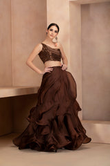 Embroidered One Shoulder Blouse and Ruffled Skirt