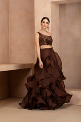 Embroidered One Shoulder Blouse and Ruffled Skirt