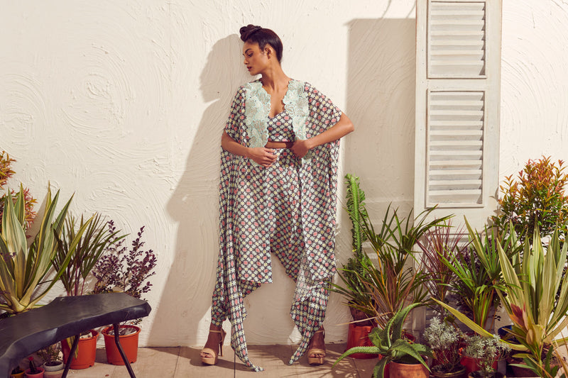 Printed Cape, Draped Pants, Crop Top or Co-Ord Set
