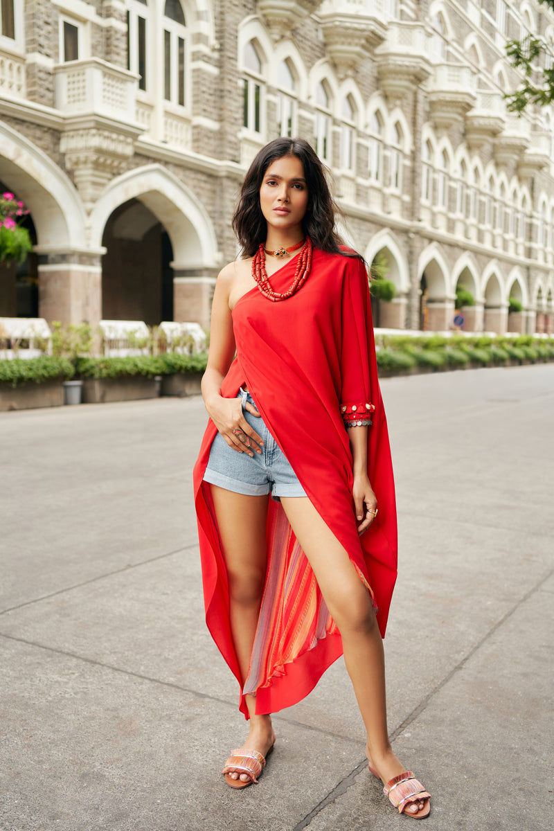 RED ONE SHOULDER TUNIC