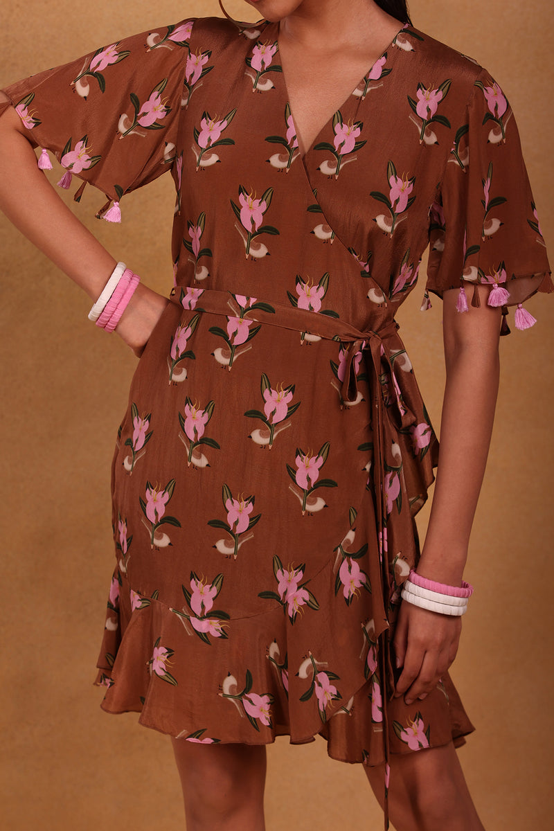 Brown Canary Blossom Short Wrap Dress - Masaba