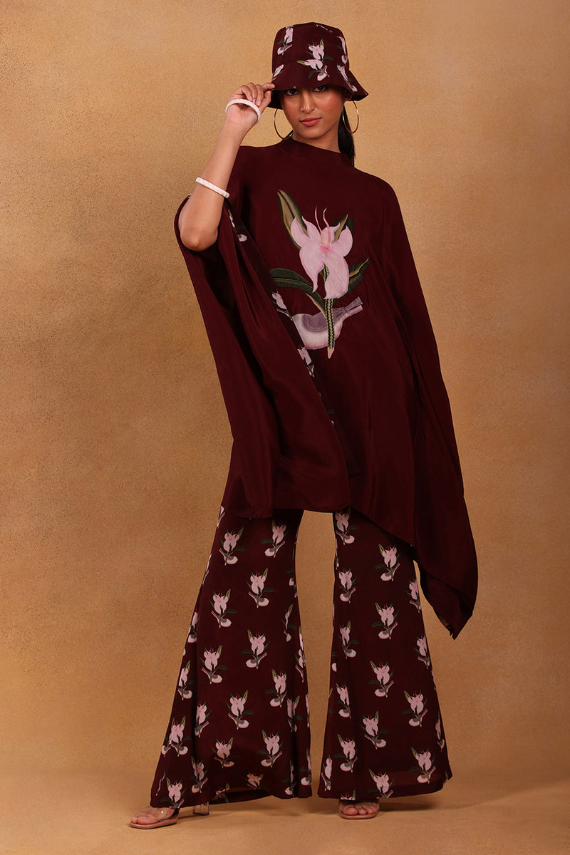 Maroon Canary Blossom Poncho Set - Masaba