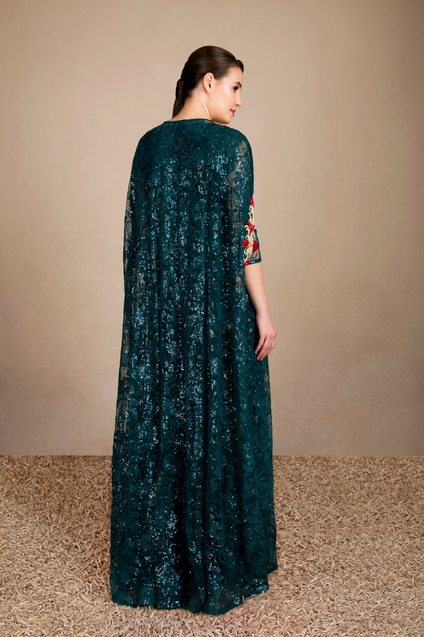 Sequin Embroidered Gown & Embroidered Cape