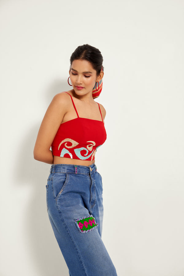 RED EMBROIDERED BUSTIER