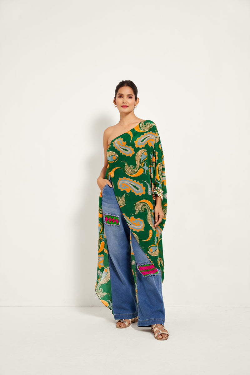 GREEN PAISLEY ONE SHOULDER TUNIC